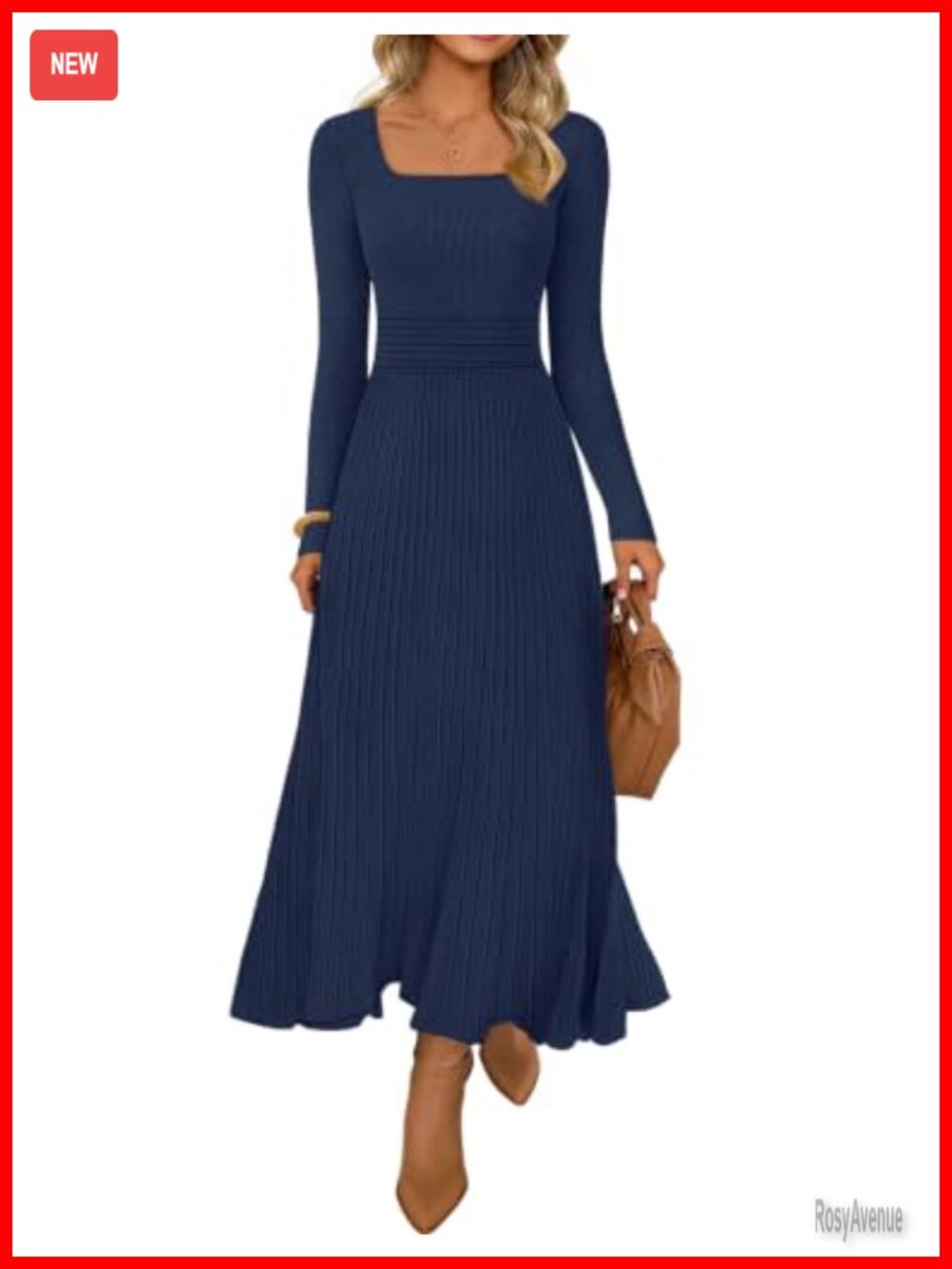 MEROKEETY Women's Sweater Dress Midi Long Sleeve Square Neck Knit